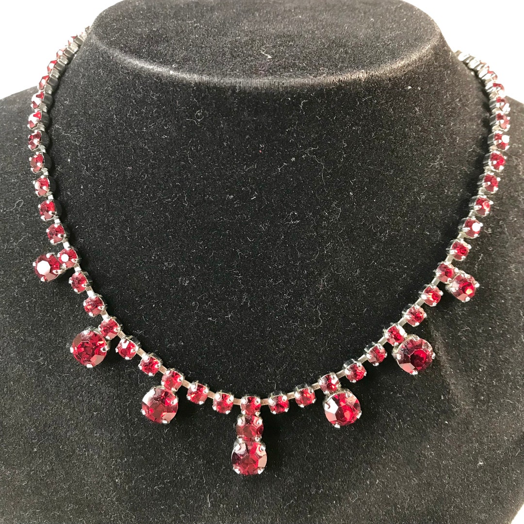 Vintage Blood Red Diamante Rhinestones Set Necklace - Blue/ Grey Tone ...