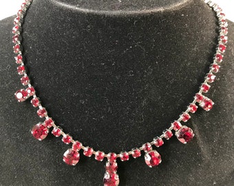 Vintage Blood Red Diamante Rhinestones Set Necklace - Blue/ Grey Tone Metal Fitting