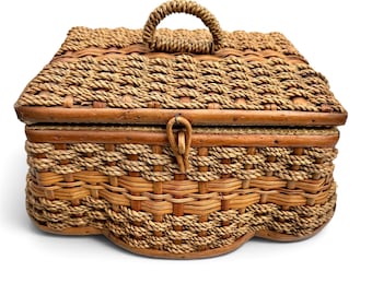 Vintage Scalloped Coir Wicker Sewing Basket. Unusual Shape. Loop Handle. Peg & Loop Closure. Sunny Yellow Padded Lining. 1950s