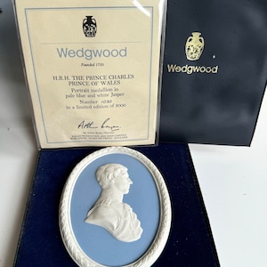 HRH Prince Charles Wedgwood Jasper Ware Cameo Portrait Plaque in Blue - Now King Charles 111 - In Original Box - Limited Edition 1020/3000