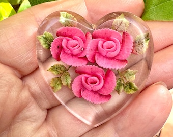 Reverse Carved Lucite Brooch. Pink Roses. Heart Shape . 1940s -1950s