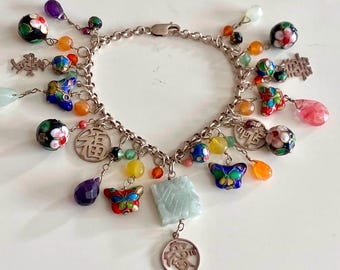 Vintage Chinese Export Sterling Silver Charm Bracelet. Multi Gems, Cloisonne Beads, Jade,Lucky Amulet Charms.Birmingham Hallmark. QVC 2007