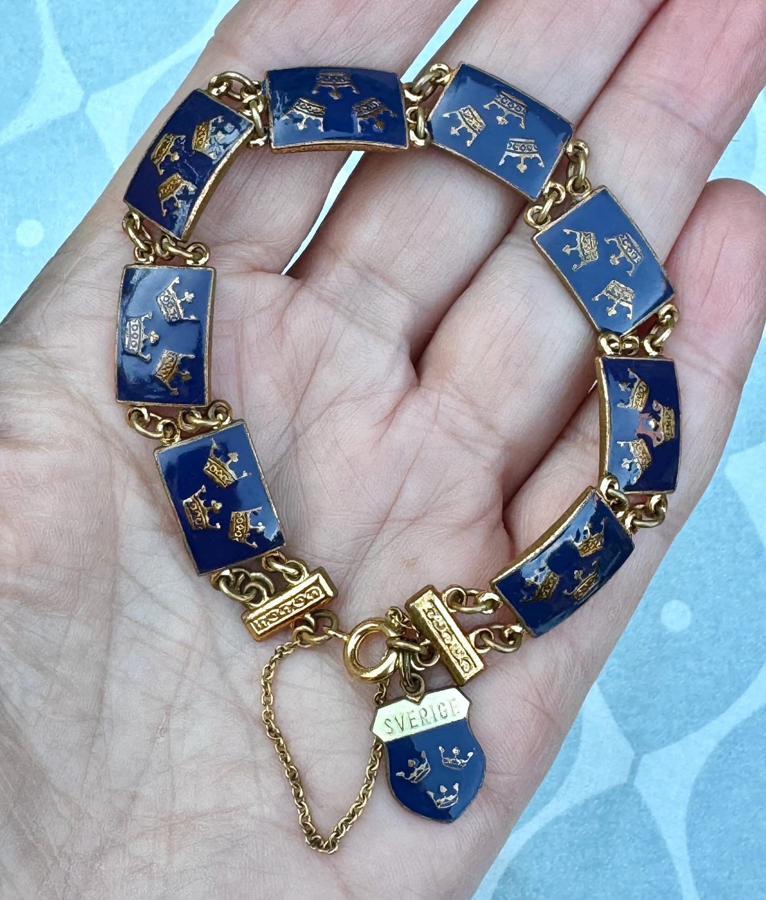 Vintage Swedish Sporrong Enamel Panel Bracelet, Gold Tone Crowns