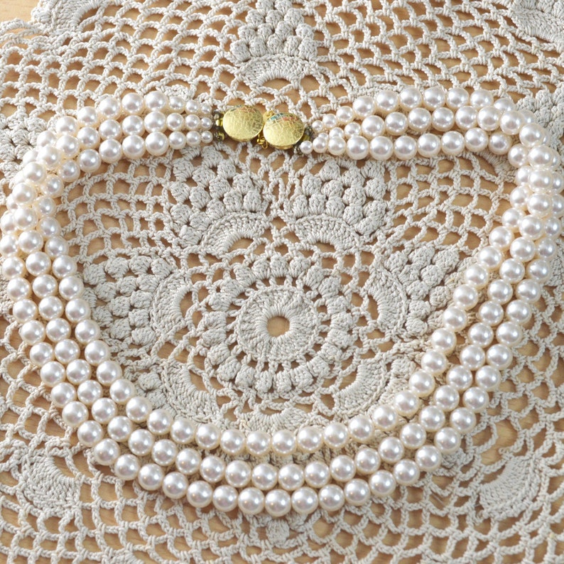 Vintage Pearls Necklace Triple Strand Lustre Coated Glass Beads Gold Tone Double Ended Clasp 3 Rows Faux Bridal Hair Accessory New Old Stock image 1