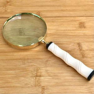 Large Handheld Magnifying Glass - Gold Metal Frame 10cm Round Lens - Vintage Style Faux Bone & Ebony Handle- Overall Length 23cm /9&quot;