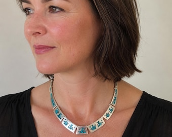 Vintage Taxco Sterling Silver Turquoise Mosaic Collar Necklace | Aztec Style Pre-Columbian Inspired Mexican Modernist | 18”