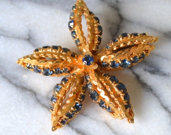 Quality Vintage Brooch - Bright Gold Tone Metal Fitting set with Sapphire Blue Diamanté Rhinestones 5 Point Star or Flower Shape Gift Boxed