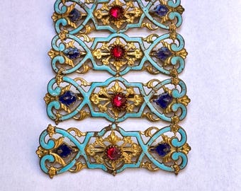 Set of 4 Ornate Champleve Enamel Belt or Ribbon Slide Adornments. Antique.