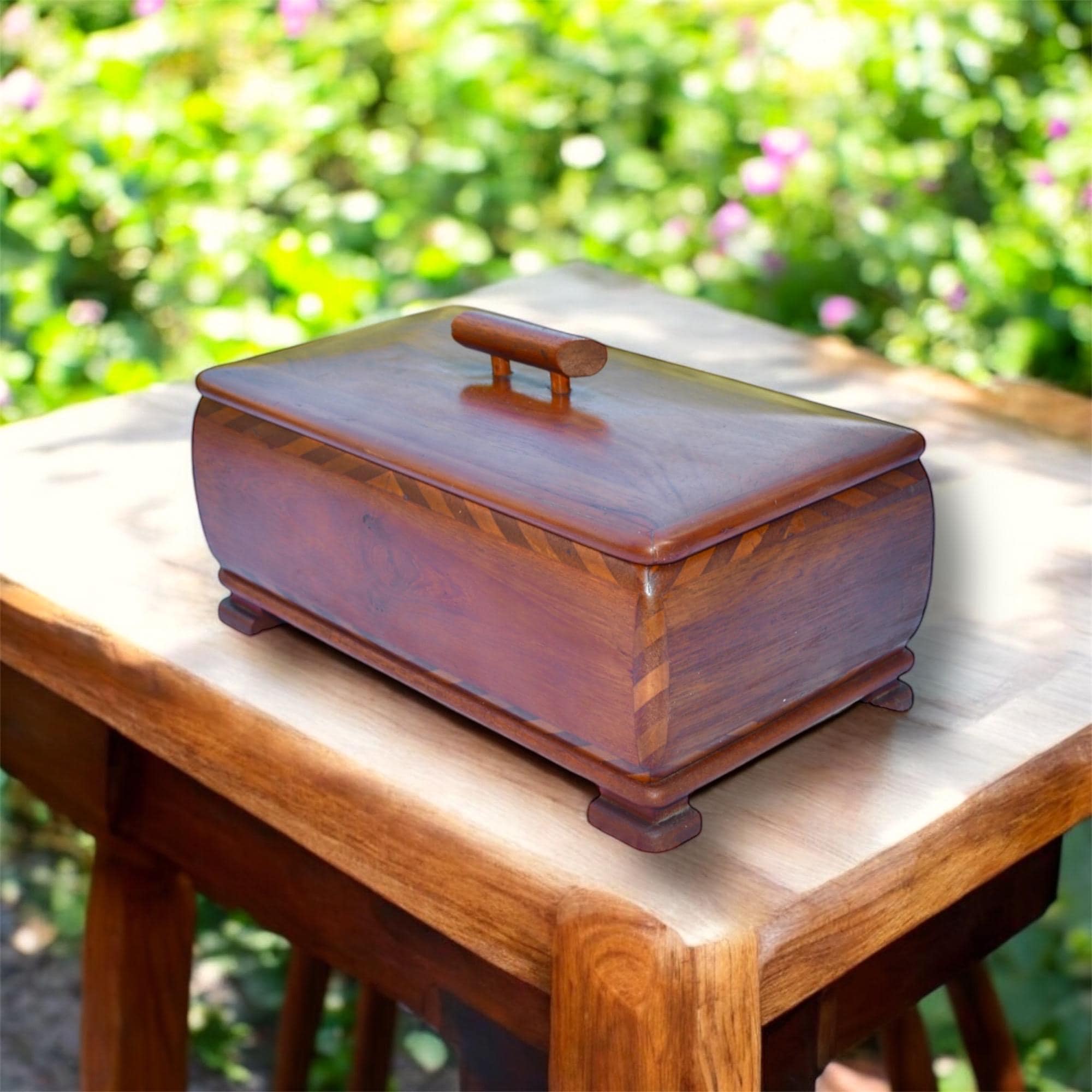 明治時代 木製ボックス Wooden Box Mid Century Modern Teak Wood Box, Toning Stripe Inlay, Lift off