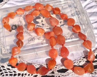 Carnelian Agate Necklace with Sterling Silver Clasp - Translucent Orange Chalcedony Tumbled Polished Stones - 65cm/25 1/2"