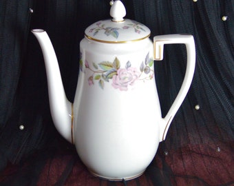 English Royal Worcester Fine Bone China Coffee Pot or Tall Teapot - June Garland - White with Pastel Flowers and Leaves Pattern Gilt Large