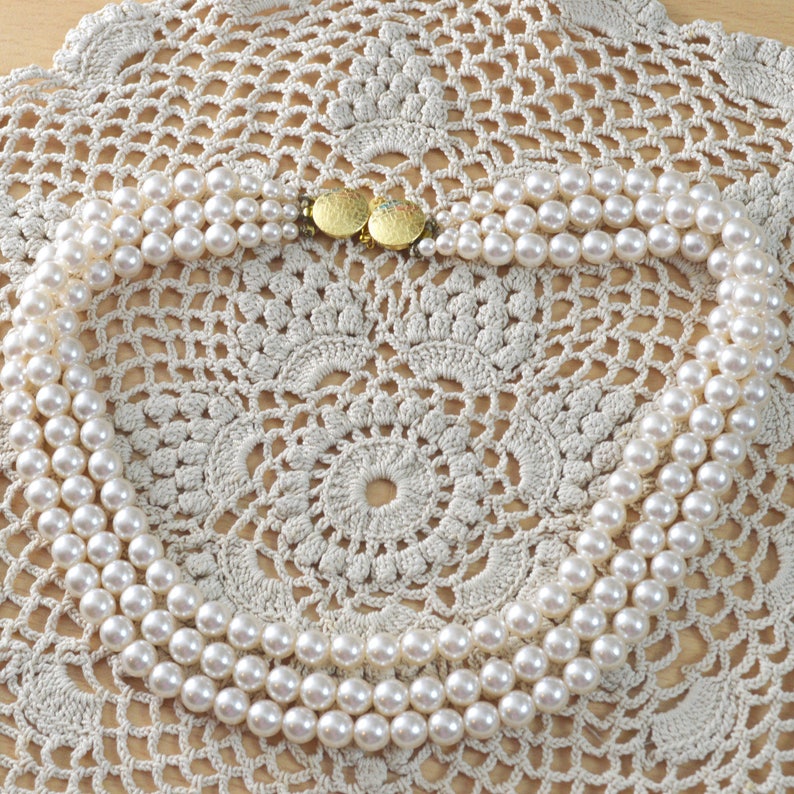 Vintage Pearls Necklace Triple Strand Lustre Coated Glass Beads Gold Tone Double Ended Clasp 3 Rows Faux Bridal Hair Accessory New Old Stock image 2