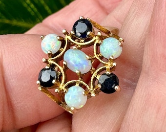 Vintage 9ct Gold Opal Sapphire Cluster Ring, London 1972