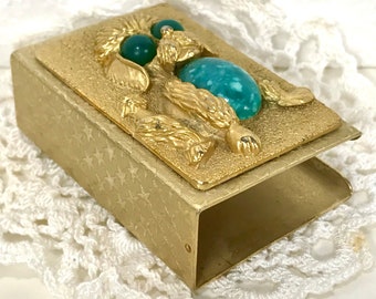 Poodle Matchbox Cover by Florenza - Match Safe in Gold Tone Finish with Faux Green Onyx - Vintage 1950s-60s