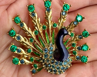 Large signed SPHINX Peacock Brooch. Gold Tone Enamelled, Set with Rhinestones