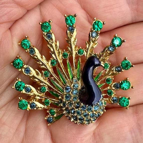 Large SPHINX Peacock Bird Brooch Signed & Numbered. Diamanté 