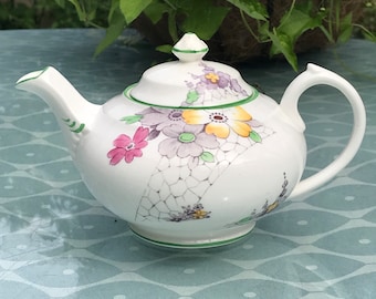 New Chelsea Small Teapot, Staffordshire, England. 'Crazy Garden'. White Bone China, Hand Painted Flowers, Crazy Pathing Path. 3/4 pint