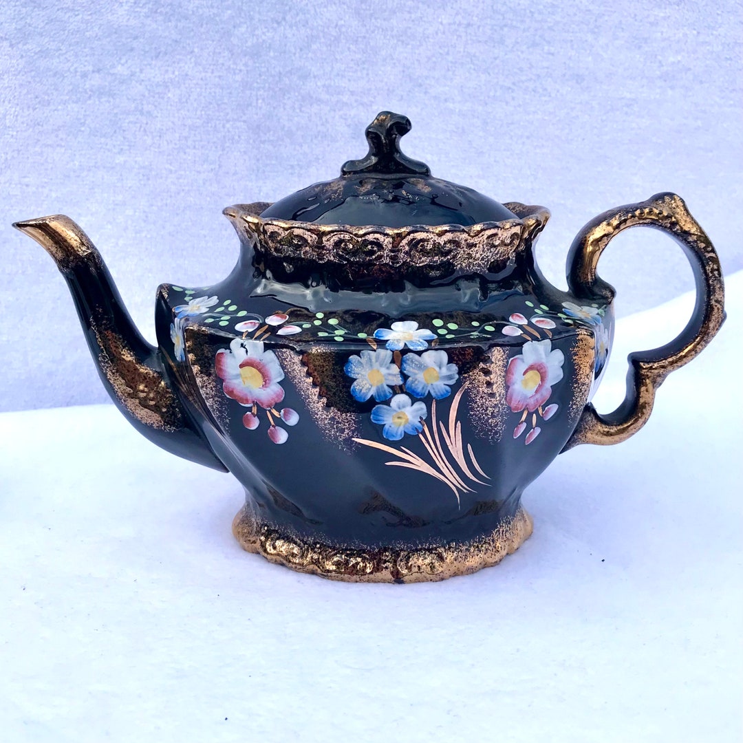 Antique Victorian Jackfield Jetware Teapot Made in England. High Gloss Black Glaze & Hand