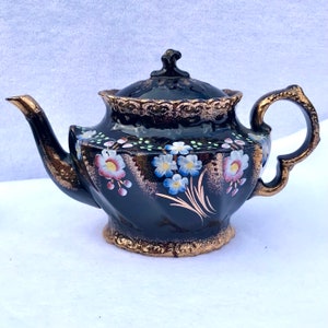 Antique Victorian Jackfield Jet Ware Teapot: Black Glaze, Hand-Painted Flowers
