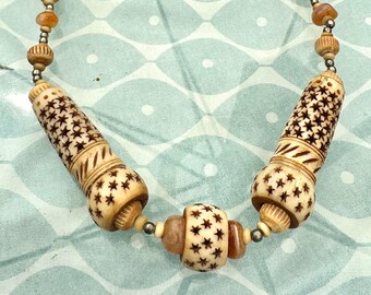 Vintage Hand Carved Bone Necklace | Boho Tribal Statement with Carnelian Beads | 23”