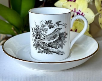 Crown Staffordshire Espresso Cup Saucer – Yellow Wren Bird Engraving Thomas Bewick Fine China