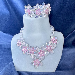 Butler & Wilson Matching Necklace and Bracelet. Very Sparkling Iridescent Pinks Crystal Flowers. Magnetic Clasp Bracelet. Signed / Logo Tag
