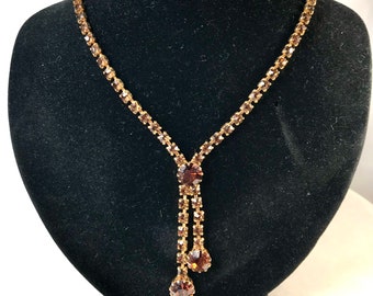 Vintage Cognac Diamante Rhinestones Set Lariet Necklace - Gold Tone Metal Fitting