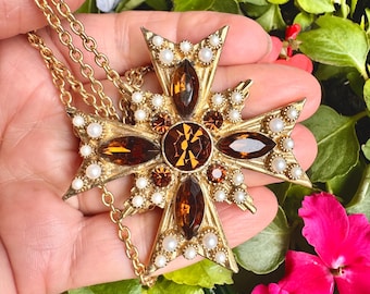 Ex Large SPHINX Maltese Cross Pendant Necklace / Brooch. Numbered 9229. Gold Tone Fitting. 28” Rope Chain.