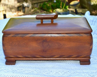 1950s-60s Solid Teak Wood Box, Storage Chest. Toning Wood Stripe Inlay Detail. Trim Lift Off Lid. Quality made. Mid Century Modern.