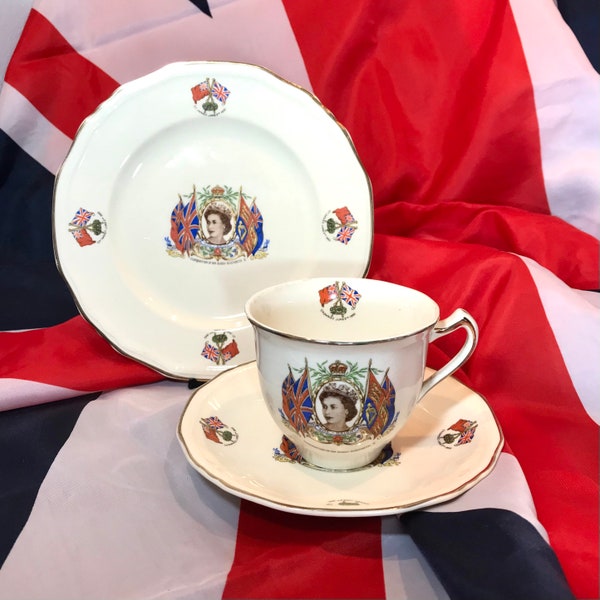 Queen Elizabeth 11 Coronation 1953 Tea Set Trio  - Commemorative Ware- Alfred Meakin Cream China. Cup, Saucer & Plate . Flags