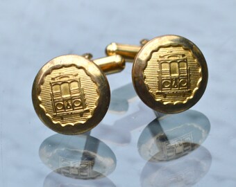 Vintage Cufflinks by The London Badge Company Tramways Gold Tone Military Style Buttons with Tram or Streetcar Motif