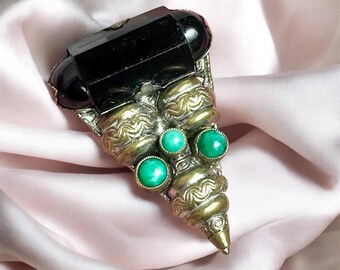 Art Deco Czech Max Neiger Dress Clip. Silver Tone ,Peking and French Jet Glass Cabochons.