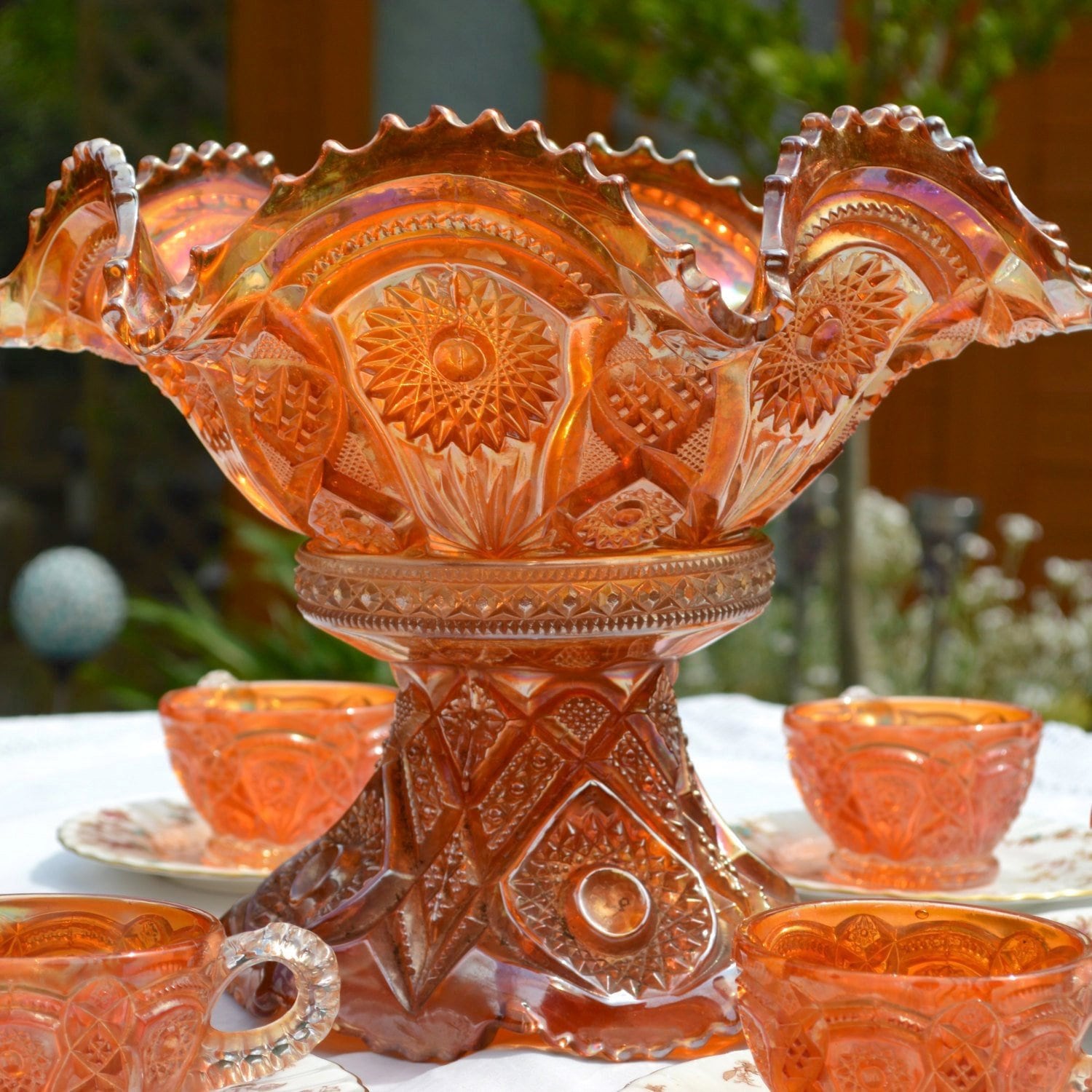Marigold Carnival Glass 8 Piece Set Punchbowl With Stand and Cups