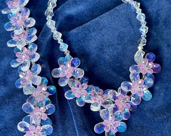 Butler & Wilson Iridescent Pink Crystal Flower Collar Necklace Bracelet Set