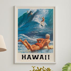 Hawaii Surf Poster | Vintage Surfing Wave art Print | Beachy Wall Art | Surfboard Decor | Surf Art Print | Hawaii Travel Wall Art