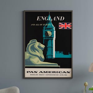 Pan Am Airline Art Print, Retro London Travel Poster, Big Ben Wall Art, Pan American Airways Aviation Decor, Vintage Airline Print