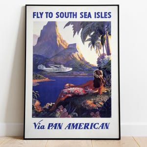 Vintage South Sea Isles Pan Am Airline Travel poster Aviation wall art print Mid-century 1940s Pan American airways Hand Drawn Advertisement