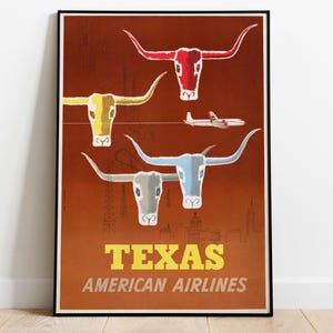 Poster di viaggio in Texas - Stampa artistica dell'aviazione American Airlines, stampa di compagnie aeree vintage, decorazione per assistenti di volo, arte murale retrò, decorazione per l'aviazione