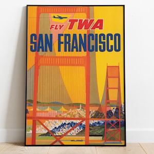 Golden Gate art TWA airline print San Francisco Poster, Vintage Travel Print, Aviation Wall Art, Airline Decor, Retro TWA Airline Artwork