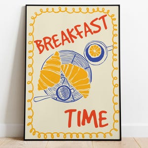 Handgezeichnetes Poster Tee mit Zitrone, Croissant Kunstdruck, trendiges französisches Frühstücksbrunchdekor, ästhetisches Küchenposter, Teebecher Wandkunst