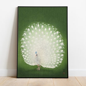 Japanischer Pfau Poster - Traditionelle Ukiyo-e-Kunstdruck, weiße Pfau-Illustration, minimalistisches asiatisches Wanddekor, elegantes grünes Design