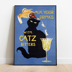 Vintage Catz Bitters Wand Kunst Druck, Spirituosen Werbe Poster, schwarze Katze Wunderliche Dekor, digitaler Download, Alkohol Poster zum ausdrucken