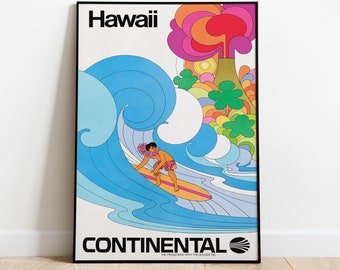 Cartaz da Continental Hawaii Airlines, pôster vintage de surf, arte de parede, pôster publicitário, arte de parede do Havaí