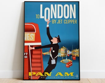Cartaz publicitário vintage da Pan Am, impressão de arte de companhias aéreas, arte de parede de viagens em Londres, decoração retrô da cidade, pôster de aviação, impressão da Pan Am 24x36