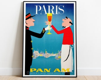 Pôster vintage da companhia aérea Pan Am, impressão artística de viagem a Paris, arte de parede de companhia aérea, arte estilo Bauhaus, pôster publicitário da França, decoração retrô de aviação