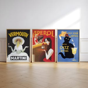 Juego de 3 carteles de cócteles, impresión artística de carrito de bar, impresiones de cócteles retro, arte de Aperol Spritz, póster de Martini, póster de vermú, arte de pared de cócteles
