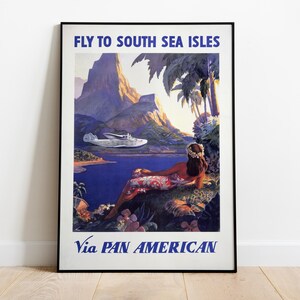 Póster vintage de viaje de la aerolínea Pan Am de las Islas del Mar del Sur, impresión de arte mural de aviación, mediados de la década de 1940, Pan American Airways, dibujo a mano, anuncio