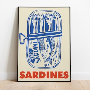 Sardine Tin Art Print, Mediterranean seafood poster, Retro sardines wall art, Vintage Trendy hand-drawn foodie gift, Coastal Wall Art