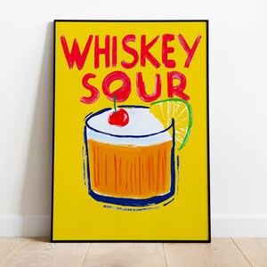 Impresión artística de dopamina con whisky sour, póster de cóctel vintage, regalo para amantes del whisky, arte mural con carrito de bar de bourbon, regalo para papá, decoración de cuevas masculinas