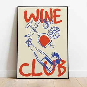 Handgetekende wijnclub poster kunstprint, trendy rode wijnliefhebber poster cadeau, retro wijn keuken decor, barwagen print, moderne eetkamer kunst